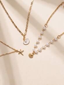 3pcs Summer Bohemian Style Faux Pearl Shell Pendant Multi-Layer Stackable Necklace Set, Suitable For Women Beach Vacation And Daily Wear, Coastal Style - Multicolor - View 4