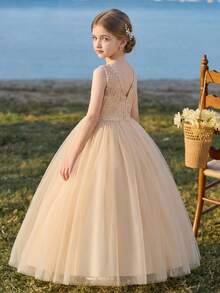 Tween Girl Champagne Color Flower Girl Dress With Open Back For Wedding - Champagne - View 8