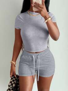 LovelyWholesale Women's Casual Solid Color Round Neck Short Sleeve T-Shirt And Drawstring Shorts Set, Summer Elegant - Grey - View 4