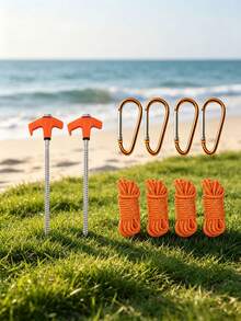 1 Set Heavy Duty Threaded Tent Stakes Kit, 2 Metal Threaded Tent Stakes With 4 Tent Guy Ropes And 4 D-Shaped Clips, Outdoor Camping Beach Awning Fixing Accessories - Multicolor - View 2
