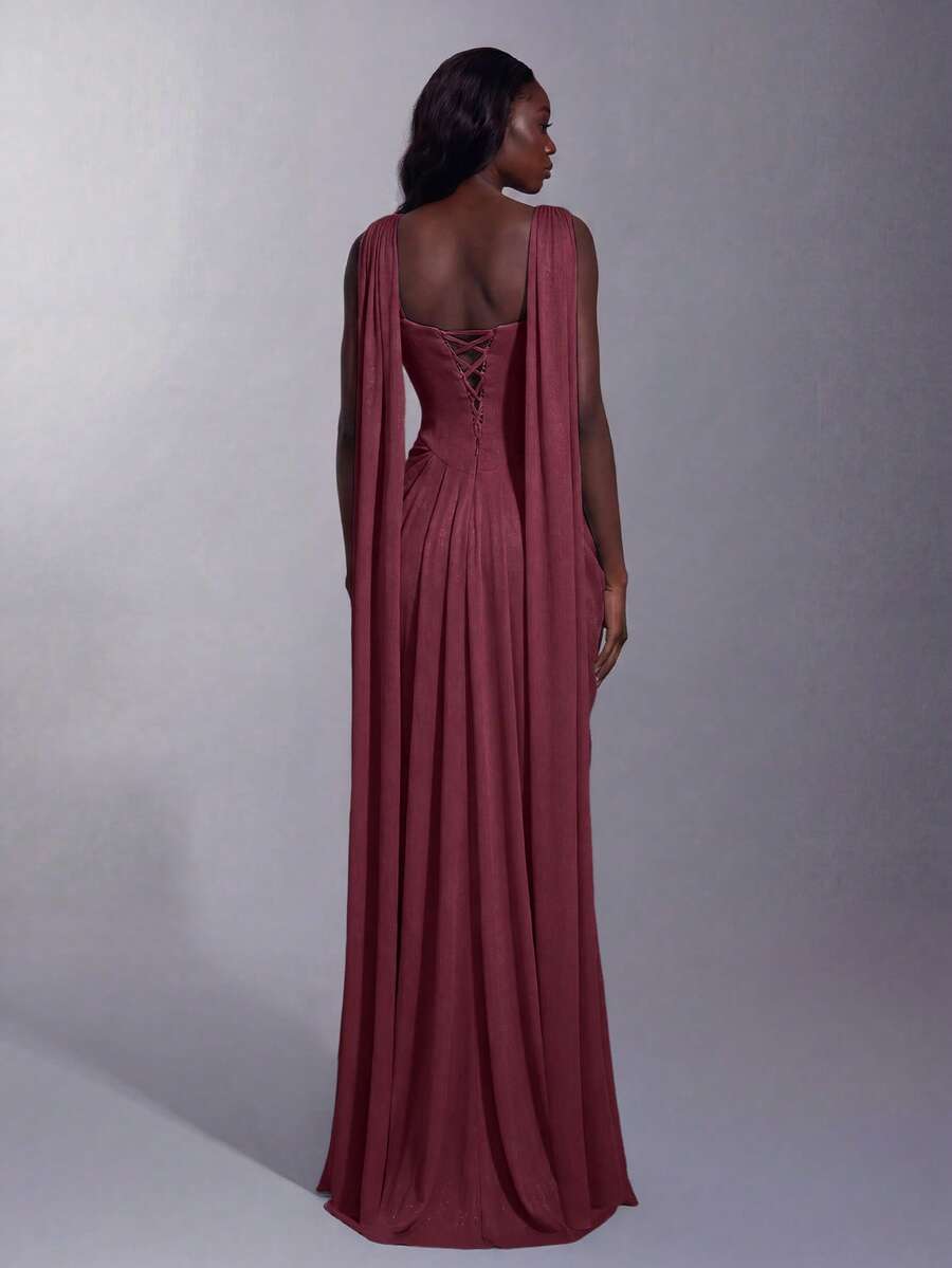 Elegant Strapless Long Dress With Fitted Bodice, Keyhole Neckline, Flowing A-Line Silhouette Wedding Party Fall - Burgundy - View 1