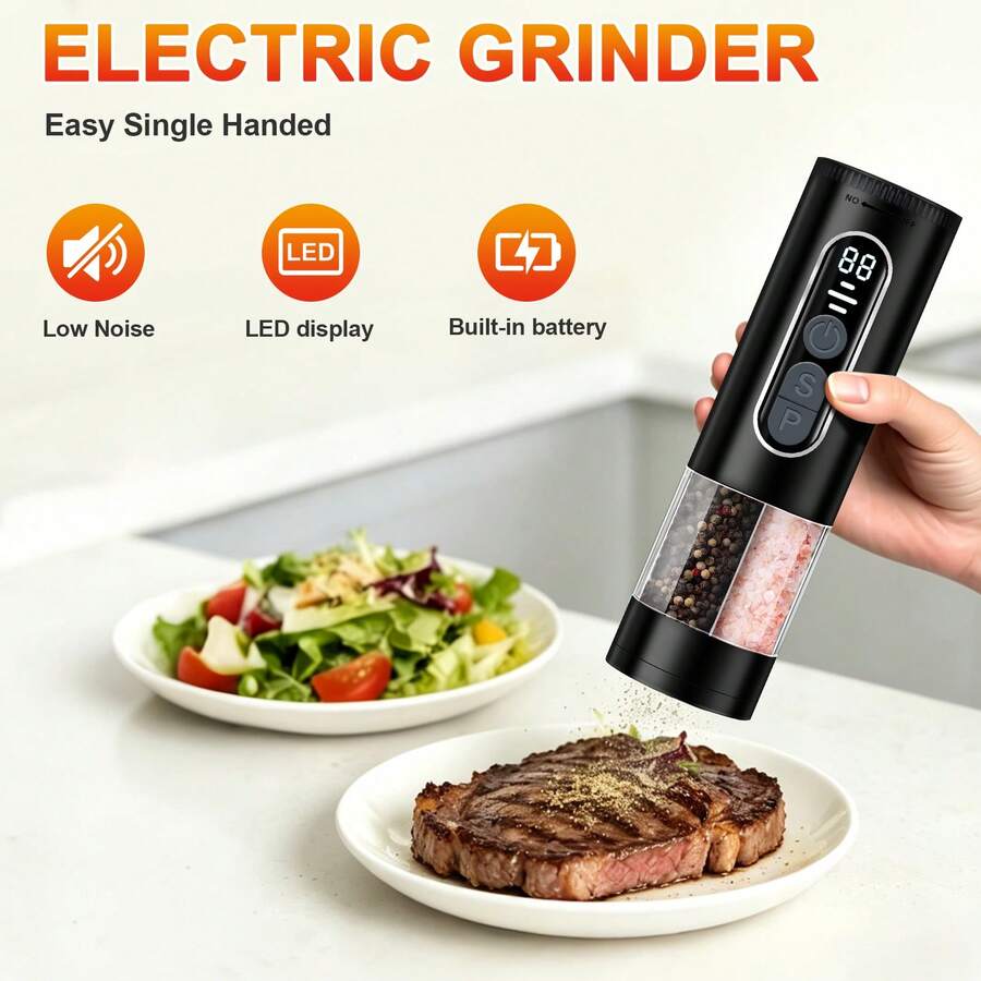 1 Set Electric Salt And Pepper Grinder Set, 900mAh Rechargeable Battery Powered, Automatic Grinding, LED Light, Adjustable Coarseness, One-Touch Operation, ABS Material, Kitchen Companion, Black Set, Includes Cleaning Brush - Black - View 1