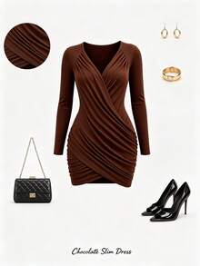 AIJ Gaun Mini Bodycon Lengan Panjang Leher V Cokelat Elegan untuk Musim Gugur, Model Surplice Wrap Depan dengan Detail Kerut, Ramping, Seksi, Cocok untuk Pesta, Jalan-jalan & Halloween. - Coklat - View 3