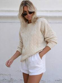 2026 Autumn/Winter Women's European & American Casual Vintage Knit Round Neck Cable Pattern Solid Color Sweater - Apricot - View 4