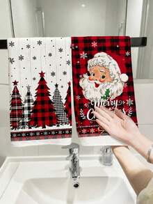 4 toallas de cocina navideñas (2 de mano 2 de baño) con diseño festivo: Papá Noel y árbol de Navidad estampados en frente, combinación clásica de cuadros rojos y negros en el reverso.Hechas en algodón suave y absorbente (380 gm²), ideales para uso diario en cocina, baño o como paños multiusos.Perfectas para limp - Caqui - Ver 6
