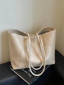1件女款純色PU中隔層單肩托特包，大容量，適合外出、購物、約會、送禮 - 米色 - 查看 4