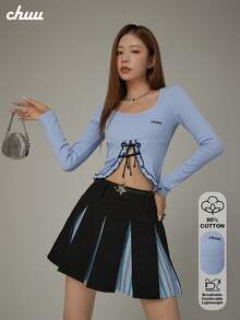 CHUU Letter Embroidered Long Sleeve T-Shirt Women Autumn Ruffle Trim Patchwork Cropped Tie Waist Top - Blue - View 1