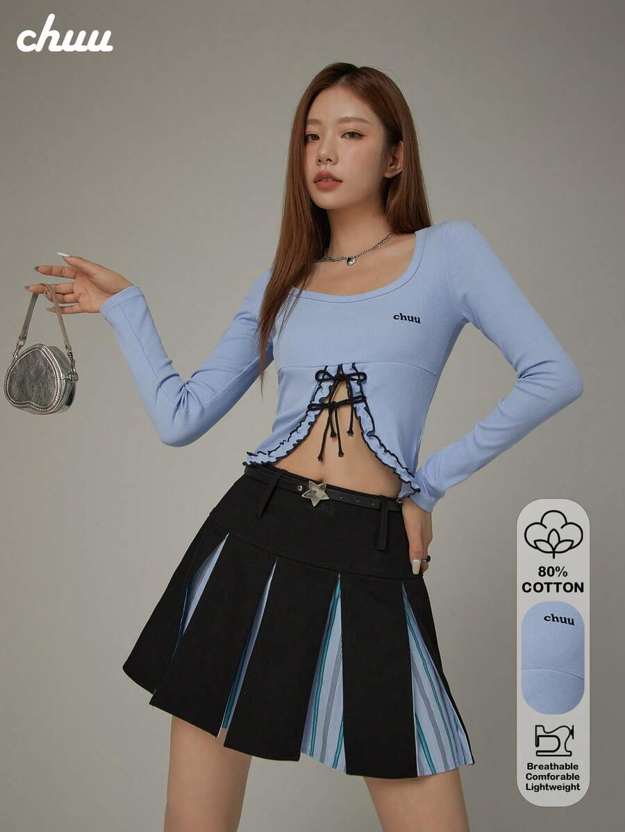 CHUU Letter Embroidered Long Sleeve T-Shirt Women Autumn Ruffle Trim Patchwork Cropped Tie Waist Top - Blue - View 1
