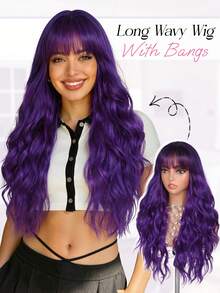 Purple Wig With Bangs Long Purple Wavy Wigs For Women 26 Inch Dark Purple Wigs Natural Looking Heat Resistant Synthetic Wig For Daily Party Halloween Use - Purple - View 4