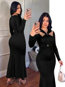Gaun Rajut Panjang Berongga Seksi dan Melangsingkan, Warna Hitam Elegan - Hitam - View 1