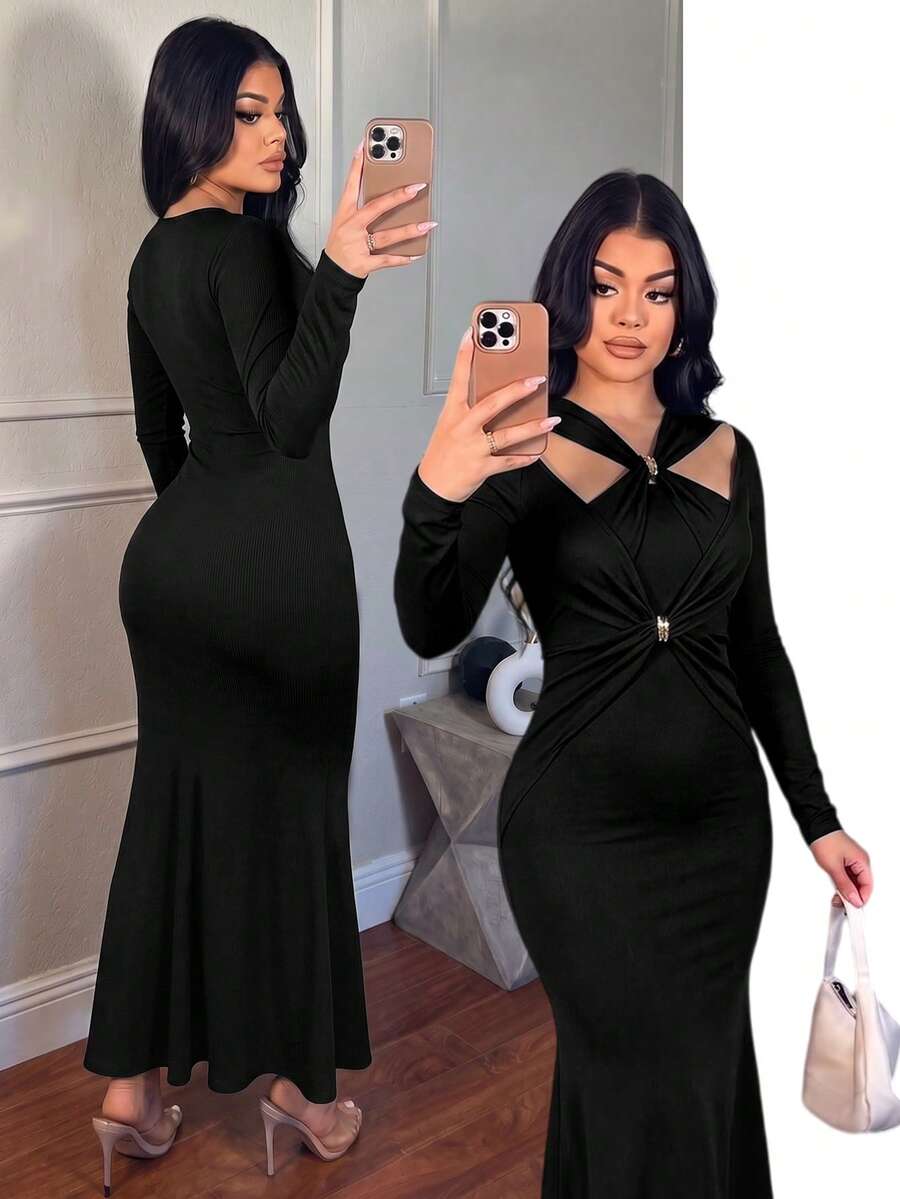 Gaun Rajut Panjang Berongga Seksi dan Melangsingkan, Warna Hitam Elegan - Hitam - View 1
