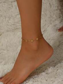 VceTd 1PC Minimalist Romantic Style Stainless Steel Anklet With Flower Decoration, Suitable For Women's Daily Wear Or Beach Vacation - Yellow Gold - View 5