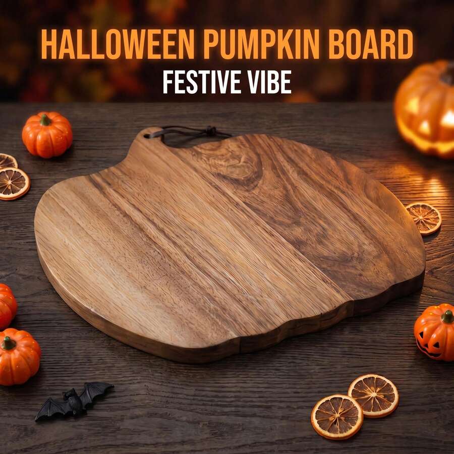 Pumpkin Shaped Solid Wood Cutting Board With Leather Hanging Strap - Halloween Charcuterie Serving Platter For Cheese, Fruit, Meat, Vegetables, Kitchen Decor, Party Tray - Multicolor - View 1