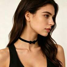 Dark Style Hollow Lace Choker Necklace With Vintage Bronze Frame, Red Rhinestone Teardrop And Black Pendant - Multicolor - View 2