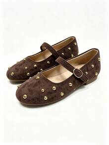 Elegant Girls' Velvet Upper Metal Polka Dot Decor Party Wedding Classic Children's Flat Shoes - Brown - View 7
