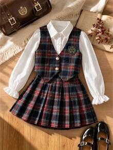 Back To School Season Girls Fashion Casual Campus Style Long Sleeve Shirt With Plaid Vest And Plaid Skirt 3-Piece Set - Multicolor - View 1