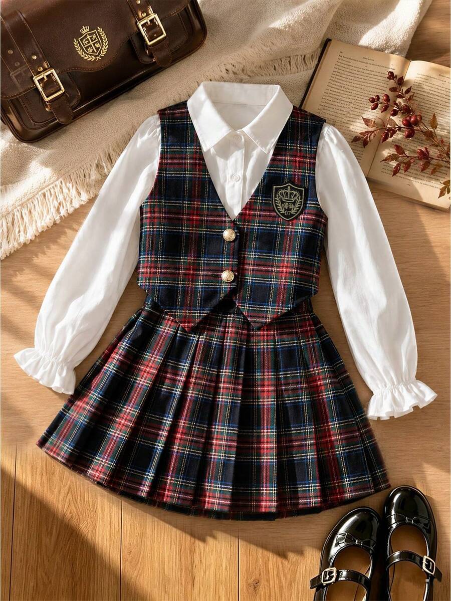 Back To School Season Girls Fashion Casual Campus Style Long Sleeve Shirt With Plaid Vest And Plaid Skirt 3-Piece Set - Multicolor - View 1