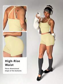FWH #Fresh Quiet Minimalist Fitness Style# 大學清新運動風 女款運動背心短褲兩件套 黃色 - 黃色 - 查看 4