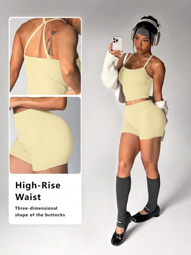 FWH #Fresh Quiet Minimalist Fitness Style# 大學清新運動風 女款運動背心短褲兩件套 黃色 - 黃色 - 查看 4