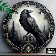 1pc 2D Flat Gothic Style Black Bird Round Iron Decor, Dark Forest Plaque With Mysterious Atmosphere, 8x8 Inches, Suitable For Home, Farmhouse, Garage, Bar, Store Wall Or Door Decoration, Pre-Drilled Holes, Style As Shown In Size Chart - Multicolor - View 3
