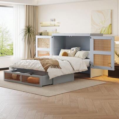Schrankbett 140 x 200 cm, Wandbett mit Lattenrost, Wandklappbett, Vertikales schrankbett mit Lattenrost, mit Stauraumschubladen, Rattan-Design, Holzbetten, Jugendbetten, Einzelbetten, Holzfarbe