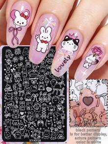 1 pieza Placa de impresión de uñas con diseño de animal de dibujos animados lindo, plantilla de uñas grande con lazo de cinta, conejo, oso y amor, para crear diseños de uñas lindos, herramientas de arte de uñas DIY japonés, suministros de uñas de acero inoxidable para salón - Plateado - Ver 1