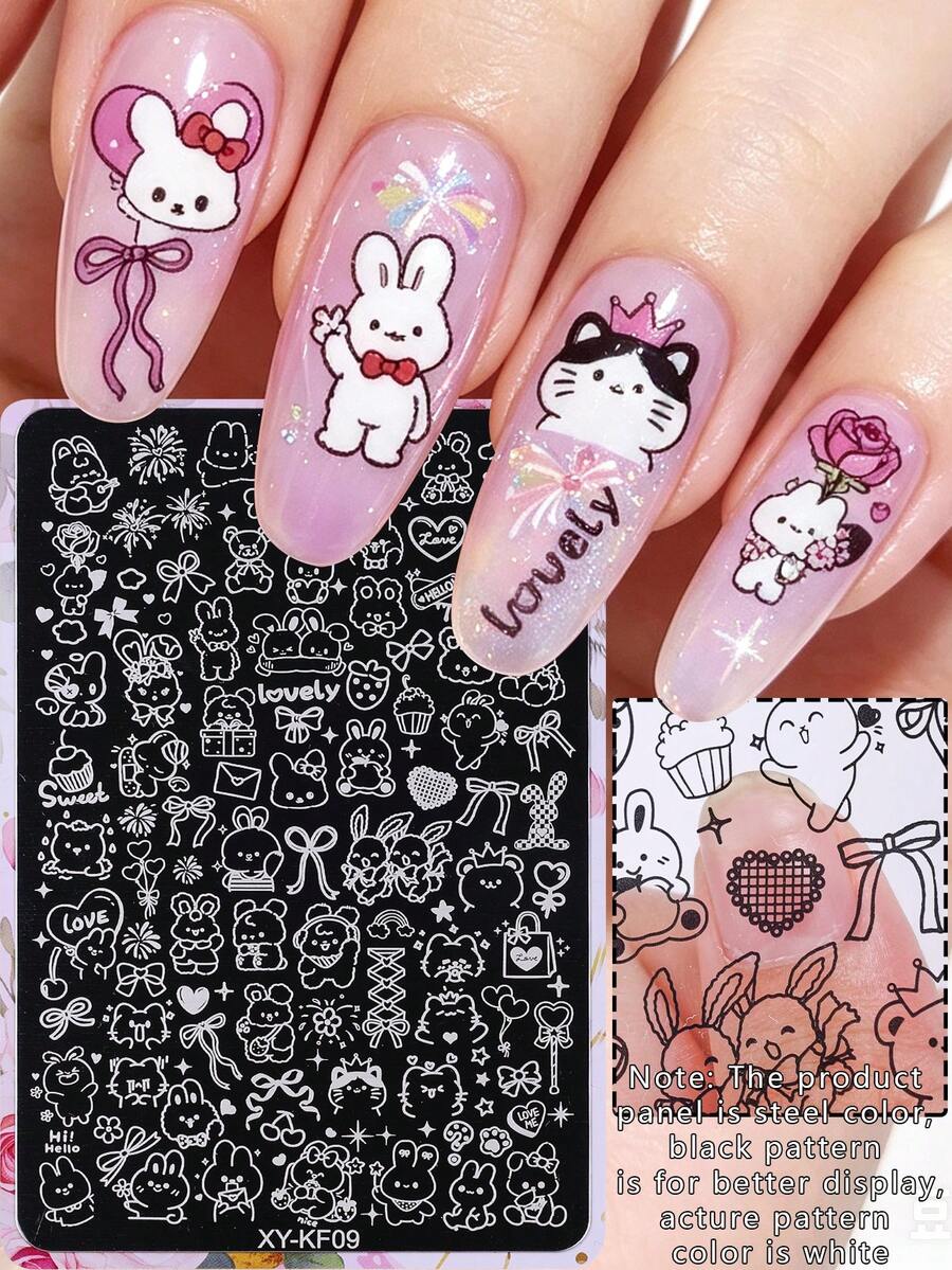 1 pieza Placa de impresión de uñas con diseño de animal de dibujos animados lindo, plantilla de uñas grande con lazo de cinta, conejo, oso y amor, para crear diseños de uñas lindos, herramientas de arte de uñas DIY japonés, suministros de uñas de acero inoxidable para salón - Plateado - Ver 1