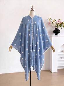 1件極簡愛心圖案刺繡開襟女款和服披肩，春夏季波希米亞風沙龍式外衣，海灘度假防曬裝飾刺繡開襟衫，適合日常穿搭，禮物首選 - 藍色 - 查看 4