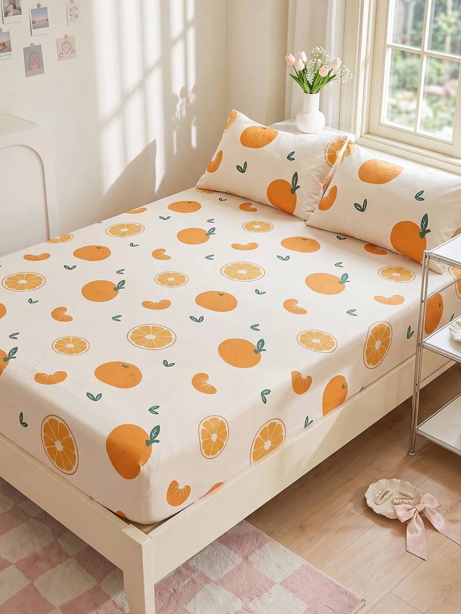 1pc Fruit Print Bed Sheet, Mattress Protector, Mattress Cover, Summer, Comfortable Breathable Wrinkle-Resistant, Machine Washable, Single/Double/Queen/King Size, Dorm Bedding, All Season & Summer, Pillow And Pillowcase Not Included, Room Decor, Back To School - Multicolor - View 1