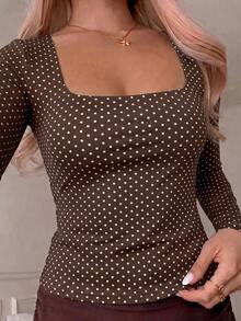 SCARLUX Autumn Y2K Brown Polka Dot Square Neck Slim Fit Long Sleeve Top, Basic Style, Suitable For Back To School, Business And Casual Vacation - Brown - View 4