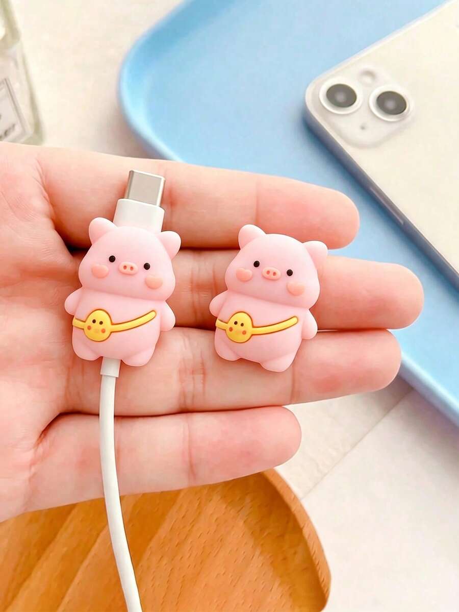 Protector de cable de datos con forma de cerdo lindo | Accesorio de protección de cable de datos para teléfono | Compatible con cable de carga rápida de 20W de Apple | Diseño suave anti-rotura | Protector de cargador, combinando diversión y practicidad - Rosa - Ver 1