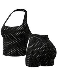Set da 2 pezzi Top corto a pois senza cuciture con scollo all'americana + Pantaloncini da ciclismo a vita alta con effetto sollevamento glutei, elastici, per fitness, yoga, palestra, allenamento estivo da donna - Bianco e nero - Visualizzare 1