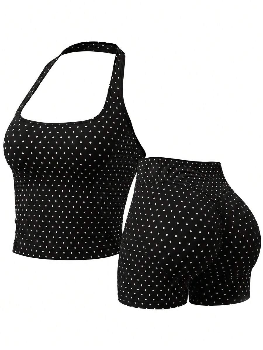 Set da 2 pezzi Top corto a pois senza cuciture con scollo all'americana + Pantaloncini da ciclismo a vita alta con effetto sollevamento glutei, elastici, per fitness, yoga, palestra, allenamento estivo da donna - Bianco e nero - Visualizzare 1