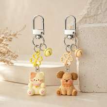 1pc/2pcs Unisex Cute Cat & Dog Resin Pendant, Colorful Baked Paint Four-Leaf Clover Bell Accessory Keychain, Couple Bag Charm - Multicolor - View 1