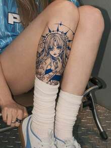 Semi-Permanent Dark Sweet Cool Girl Pattern Tattoo Sticker, Party Holiday DIY Gift, 1-2 Weeks No Fading, Non-Reflective, Arm Chest Leg Temporary Waterproof Tattoo Sticker, 1pc/Pack - Blue - View 1