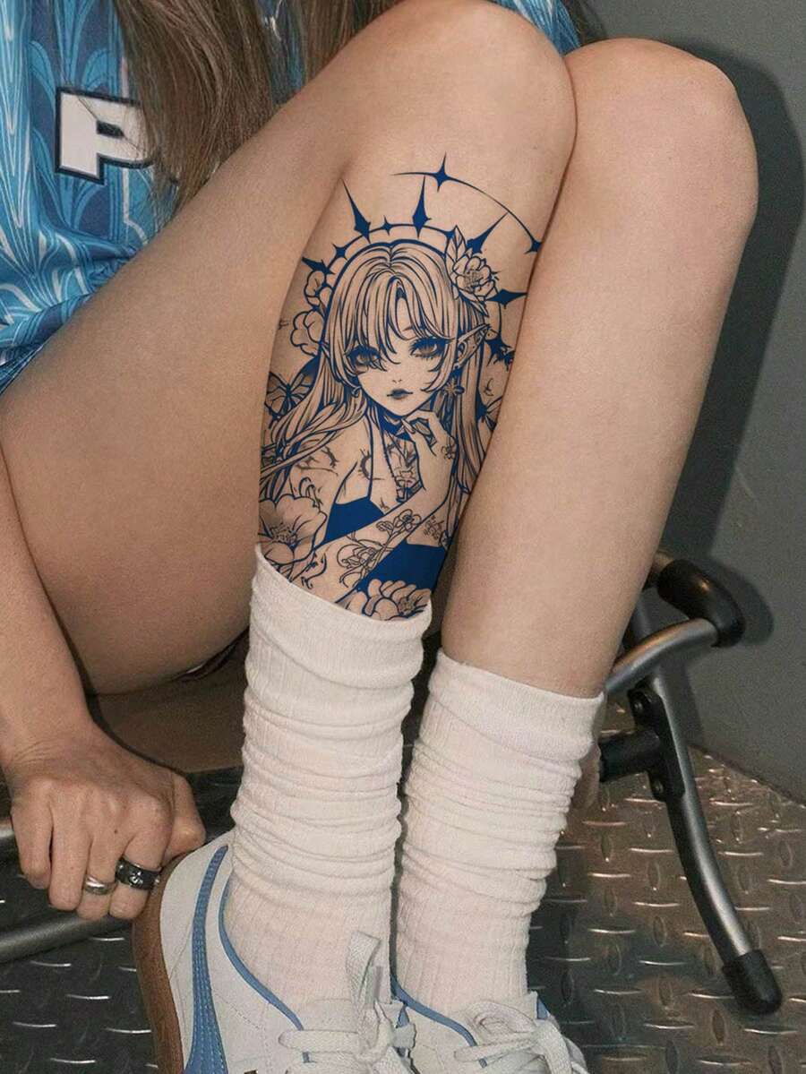 Semi-Permanent Dark Sweet Cool Girl Pattern Tattoo Sticker, Party Holiday DIY Gift, 1-2 Weeks No Fading, Non-Reflective, Arm Chest Leg Temporary Waterproof Tattoo Sticker, 1pc/Pack - Blue - View 1