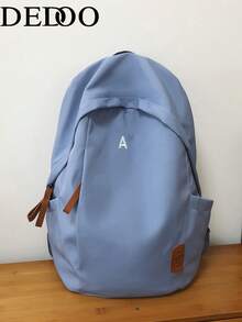 Dedoo Solid Color Canvas Zipper Large Capacity Multi-Pocket Lightweight Student Backpack, Suitable For Campus, Travel, Back To School Season For Students And Teenagers, Random Letter - Blue - View 2