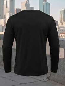 Men's Solid Black Crew Neck Long Sleeve Casual Tee Basic Daily Versatile Top Simple Minimalist Streetwear Fashion Outfit - Black - View 4