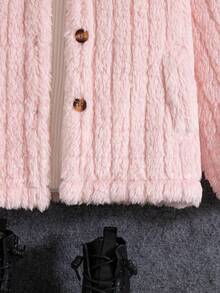 Girls' Casual Fashion Solid Color Vertical Stripe Stand Collar Single-Breasted Design Fleece Lined Thickened Jacket, Versatile For Autumn/Winter - Pink - View 8