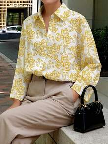 Women's Floral Print Collared Long Sleeve Blouse, Casual Loose Button-Down Top, Women's Casual Top, Women's Commuter Outfit - Yellow - View 4