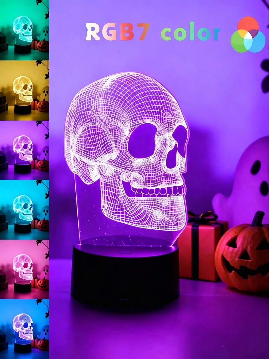 3D Skull LED Illusion Night Light, USB Powered, Desktop Decorative Lamp, Creative Cool Gift For Bedroom, Study And Gaming Party - Acrylic - View 1