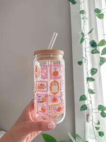 French Frame Collage Halloween Theme Glass Straw Cup, Cute Ghost Pumpkin Spider Web Pattern High Borosilicate Glass Straw Tumbler - Best Choice For Halloween Gift! - Multicolor - View 3
