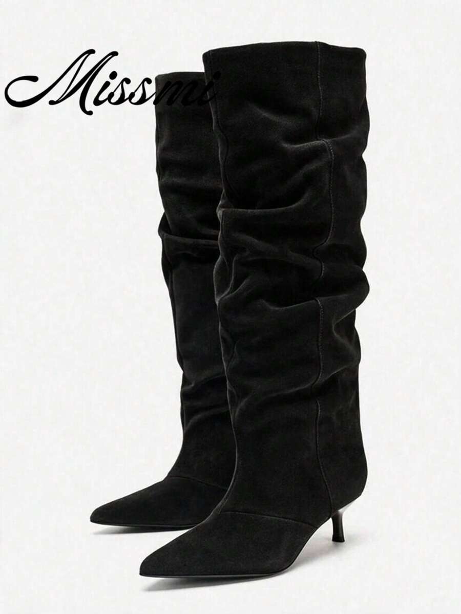 Fall/Winter 2025 New Arrival Kitten Heel Pleated Thigh High Boots, Pointed Toe Over The Knee Tall Boots, Retro Oversized Shaft Riding Boots