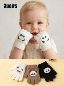 3 Pairs Set Bear Cartoon Fingerless Gloves For Boys, Knitted Candy Color Thickened Gloves For Autumn/Winter - 3 Pairs - View 2
