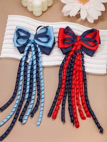 4/2pcs Double Layer Contrast Color Bow Hair Clips With Curly Tassel Satin Ribbon, Sweet Cute Bow Hair Clips For Girls, Daily Party COS Styling Hair Accessories, Back To School Gift For Kids - Mixed color - View 4
