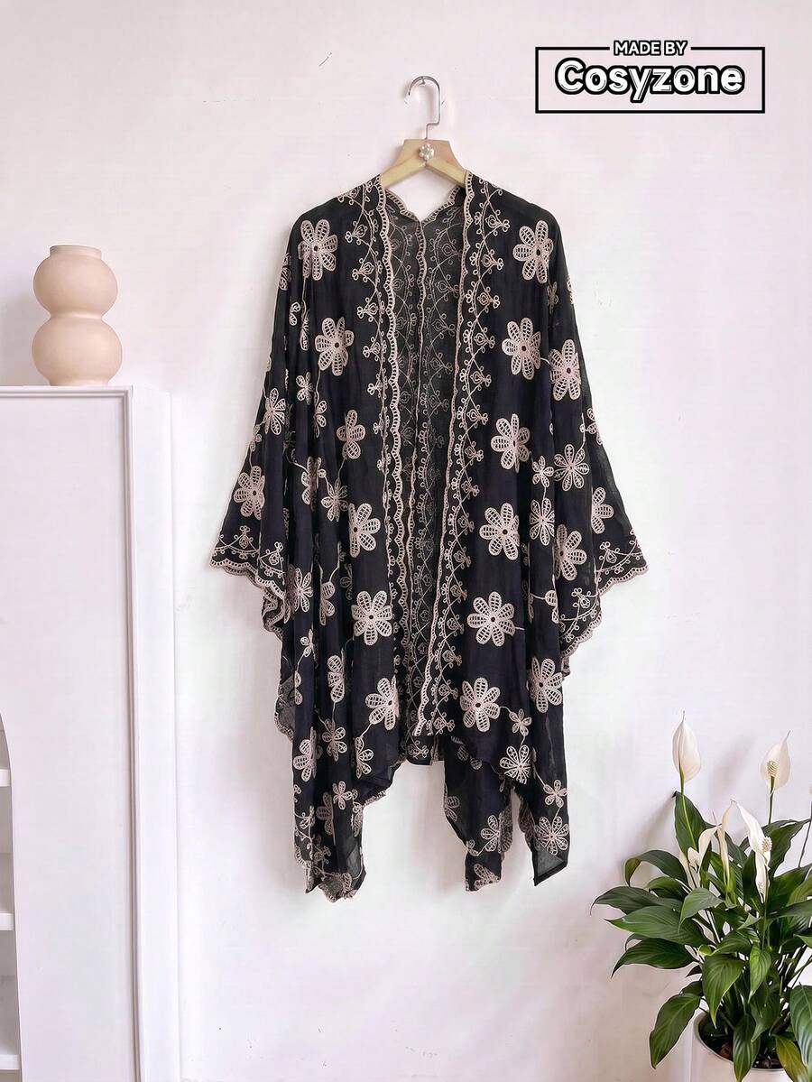 1件式優雅花卉刺繡開襟和服式圍裙女款,春夏波希米亞風外套,海灘度假防曬罩衫,裝飾性刺繡開襟衫,適合日常穿著,完美禮物選擇 - 黑色 - 查看 1