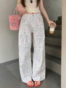 Women's White Denim Jeans With Fish Print, Spring/Autumn New Casual Loose Wide Leg Pants, Slimming Fit (Belt Not Included, Random Print) Vacation Fall - White - View 4