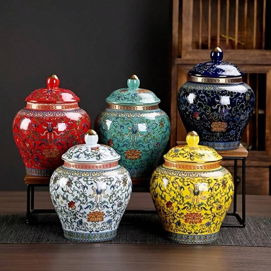 Colorful Enamel Ceramic Storage Jar With Lid, Traditional Chinese Blue And White Pattern, Airtight Container For Tea Leaves And Coffee Beans, Living Room Display Shelf Decor, Creative Home Storage Bottle - Multicolor - View 1