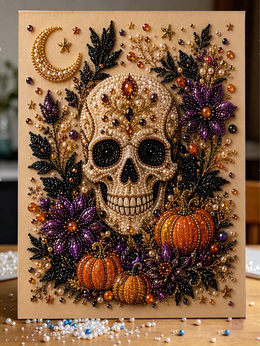 1pc Halloween Skeleton Pearl Painting DIY Unframed Set, Entryway Bedroom Decor, Healing Stress Relief Handmade Craft. No Manual Skill Required, Easily Create Atmospheric Halloween Artwork, Halloween/Holiday Gift Choice, Finished Pearl Surface Exquisite And Sparkling. Enjoy The Pasting Creation Process, Relieve Daily Stress, Suitable For Self-Use And Gifting 30*40CM - View 1