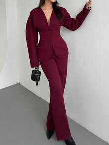 Women's Elegant Suit Jacket And Pants Set, Slim Fit V-Neck Petal Sleeve Single Button Blazer, Solid Color Straight Leg Pants, Casual Button - Burgundy - View 2